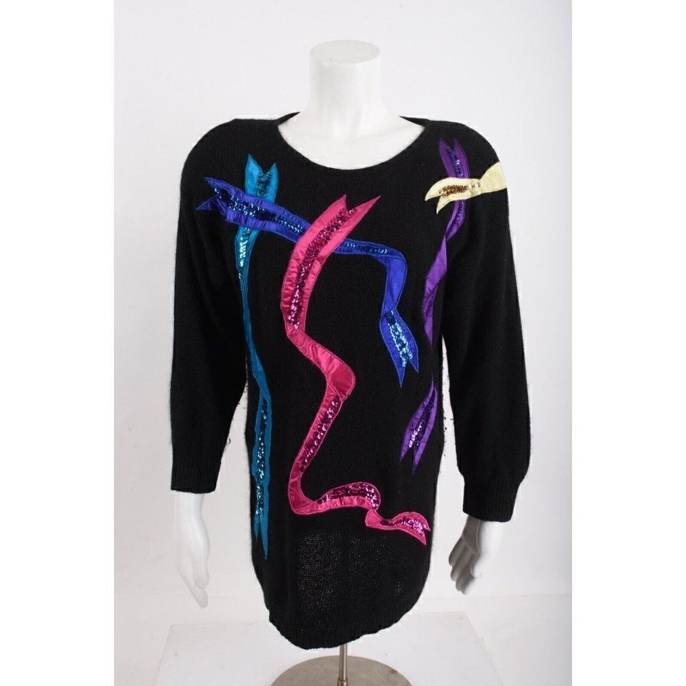 Le Chois Vintage Womens 80s Ribbon Sequin Sweater M Black Pullover Silk Angora